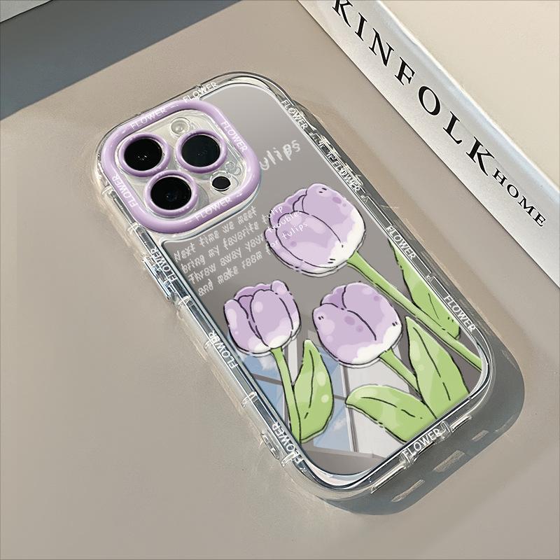 Puff Mirror Tulip for Apple 16 Promax Mobile Phone Case for IPhone 15 All Inclusive 14/13 Couple