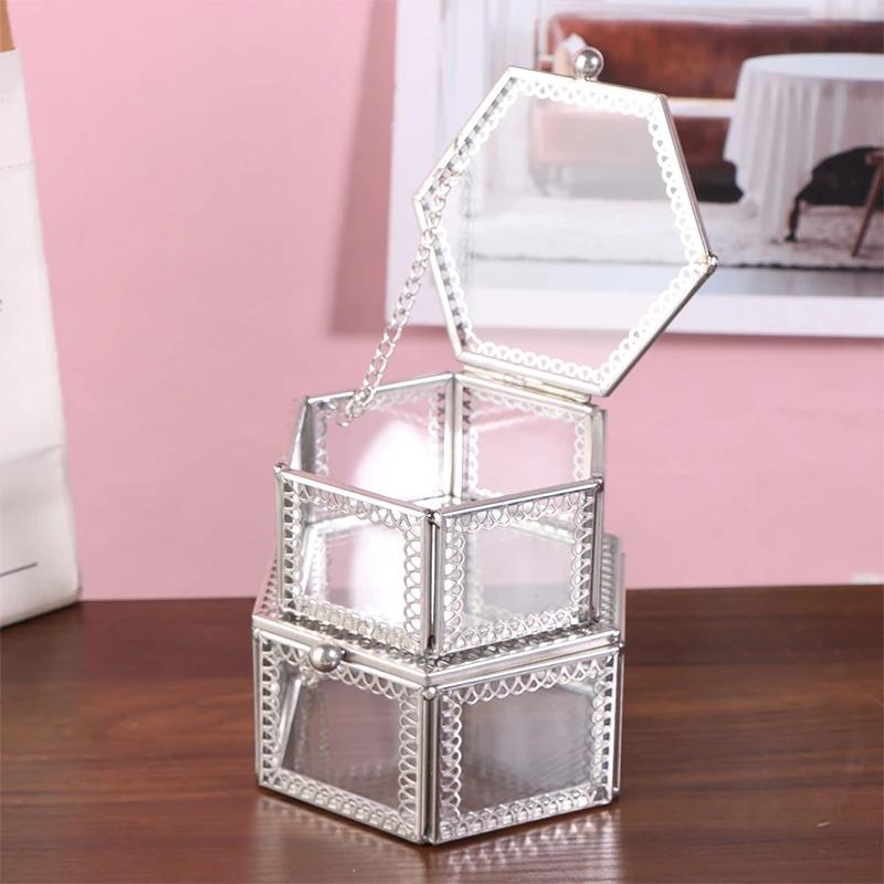 Glass Hexagon Storage Box Perfect for Jewelry, Rings, Earrings, Beads or Coins, Keepsake Organizer and Display Case Container
