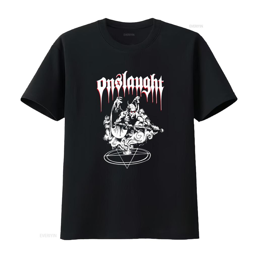 New Dtg Dtf ONSLAUGHT Power From Hell T Shirt for Unique Devil Design with Pentagram Symbol Vintage Washed Slightly Fashion