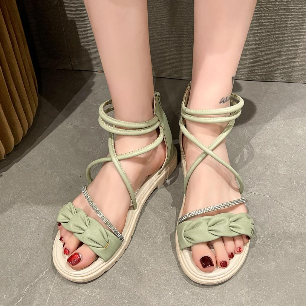 Diamond Ladies Shoes Strappy Black Flat Rubber Women's Sandals Roman Style Low Price Korea 2025 Luxury Sandal Summer Comfortable