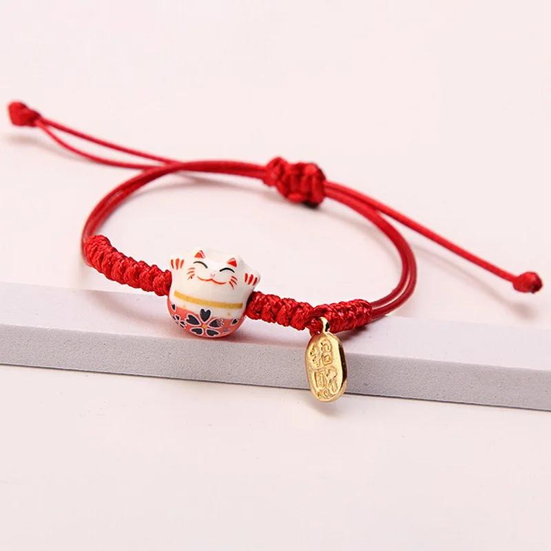 Simple Ceramic Lucky Cat Braided Bracelet for Women Men Multicolor Cute Animal Hand-Knitted Adjustable Bracelet Harajuku Jewelry