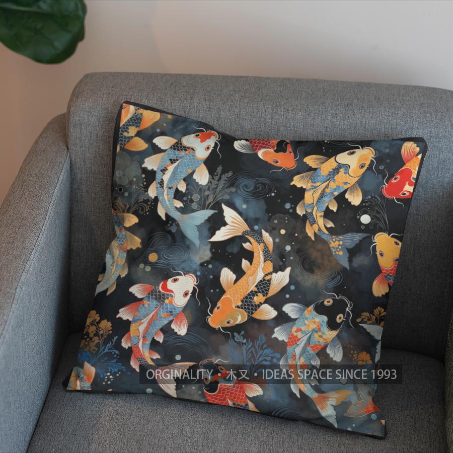 2D Colorful Koi Fish Pattern Decorative Pillow Cover Pattern Cushion Cover Suitable For Sofa Bedroom Car Pillow Cover