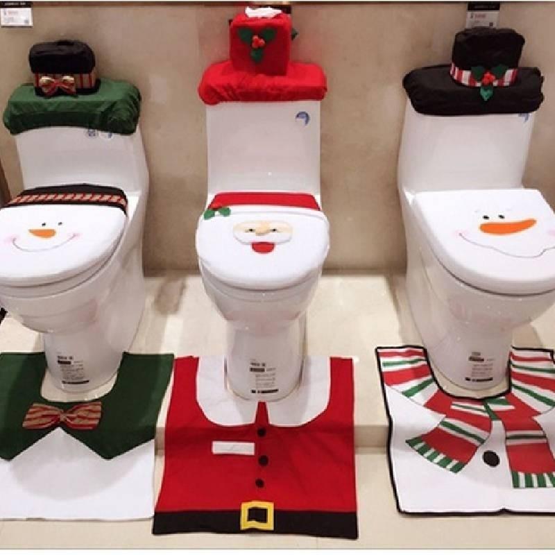 Festliches Weihnachts-WC-Sitzbezug-Set mit Weihnachtsmann-, Schneemann- und Rentiermotiven