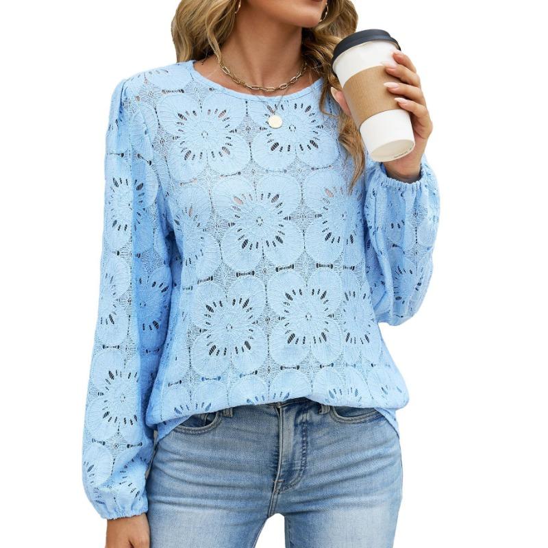 Solid Color Lace Trim Round Neck Long Sleeve Loose Hollow Blouse For Women