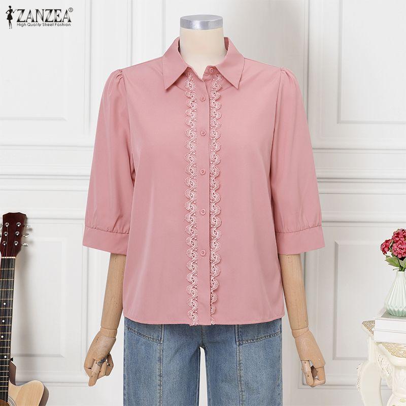 ZANZEA Women Casual Turn Down Collar Loose 3/4 Sleeve Blouse