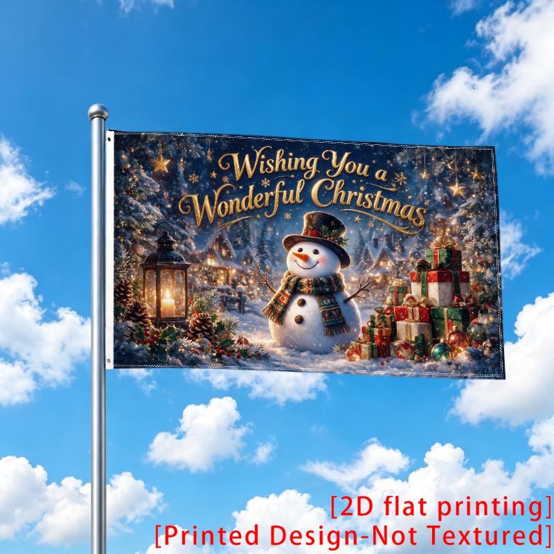 2D Flat, 1pc Single Large Flag Wishing You A Wonderful Christmas Poster Snowman Gift Box Winter Village Holiday 2D Flat Print Festival Design, Single-