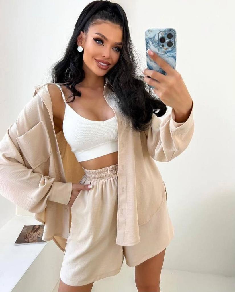 Casual Fashion Solid Color Women's Shirts Puff Sleeves Elegant Tops Shorts Casual Suit