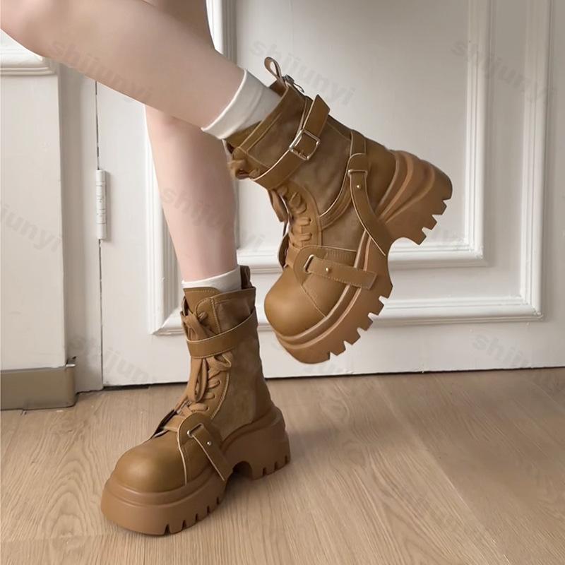 Fashion Women Fashion Boots 2025 Autumn Winter New Belt Buckle Height Increase Motorcycle Boots Comfortable Luxury Non Slip Short Boots