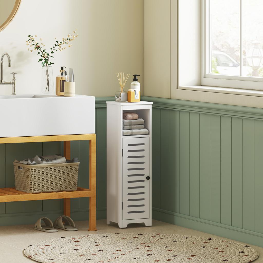 Bathroom Floor Cabinet, Bathroom Storage Unit with Louvered Door, Open Shelf, Adjustable Shelf, White, 22 x 20 x 75 cm