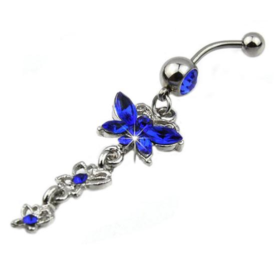 Three Pendant Button Butterflies Belly Navel Barbell Bar Ring Body Piercing Jewelry