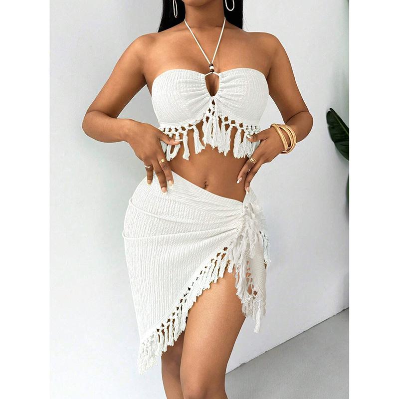 Sexy Tassels Bikini Women's Swimsuit 2 Piece Swimwear Female Outfits Halter Top High Slit Skirt Set Beachwear Bathing Suits