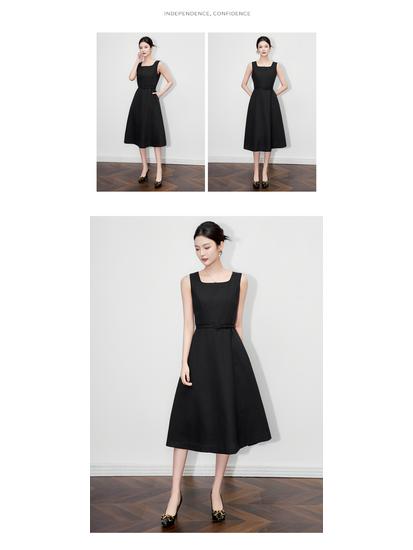 French High-End Square Neck Sleeveless Midi Dress with Waist-Gathering