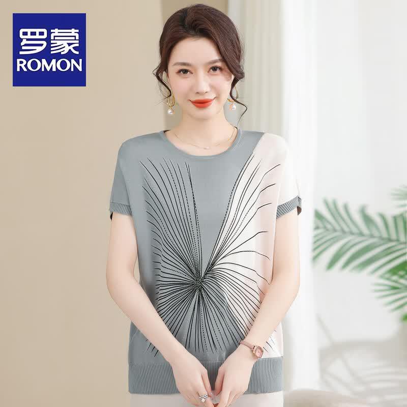 ROMON Women s 2026 Summer Color Block Short Sleeve Knit T-Shirt 2XL