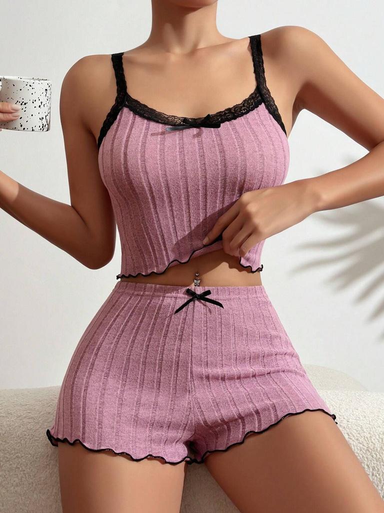 European and American Style Women’s Stretch Pajama Set Sexy Lace Trim Cami Top and Shorts 2 Piece Brushed Ribbed Loungewear