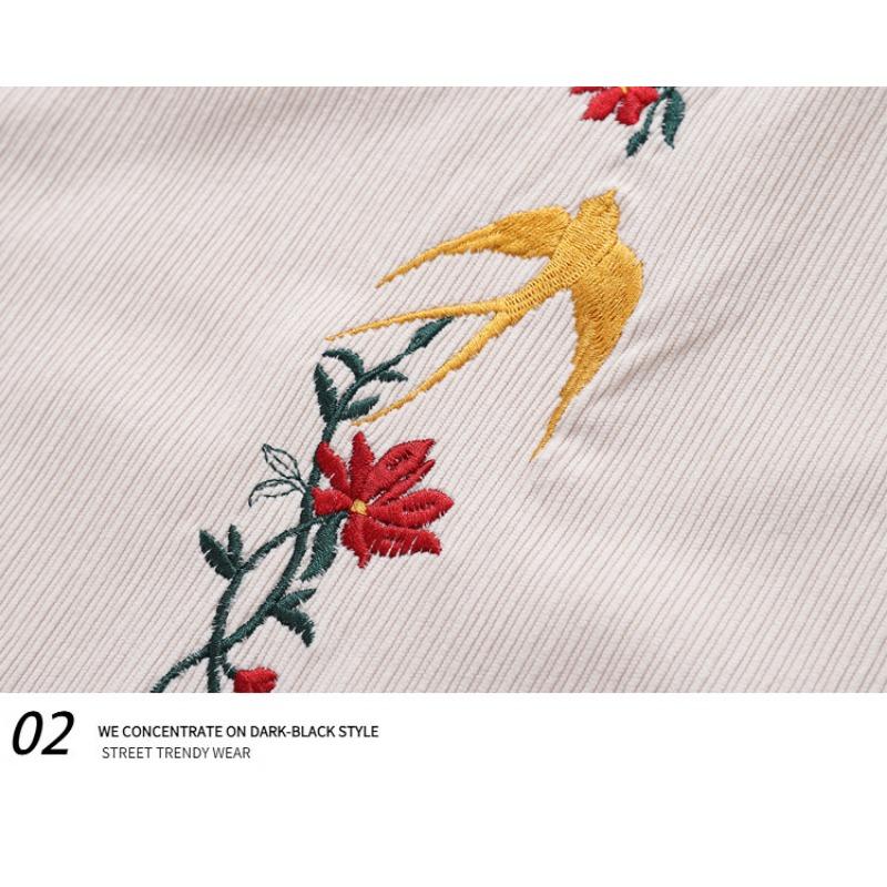 Men's Floral Swallow Embroidered Oversized Short Sleeve Button Down Shirt Casual Streetwear Top