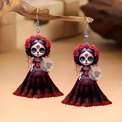 Boucles d'oreilles pendantes imprimées Mariée Fantôme Style Gothique Punk 2D, Design Acrylique Plat Tête de Mort, Adaptées pour le Port Quotidien et les Fêtes, Halloween, Jour des Morts