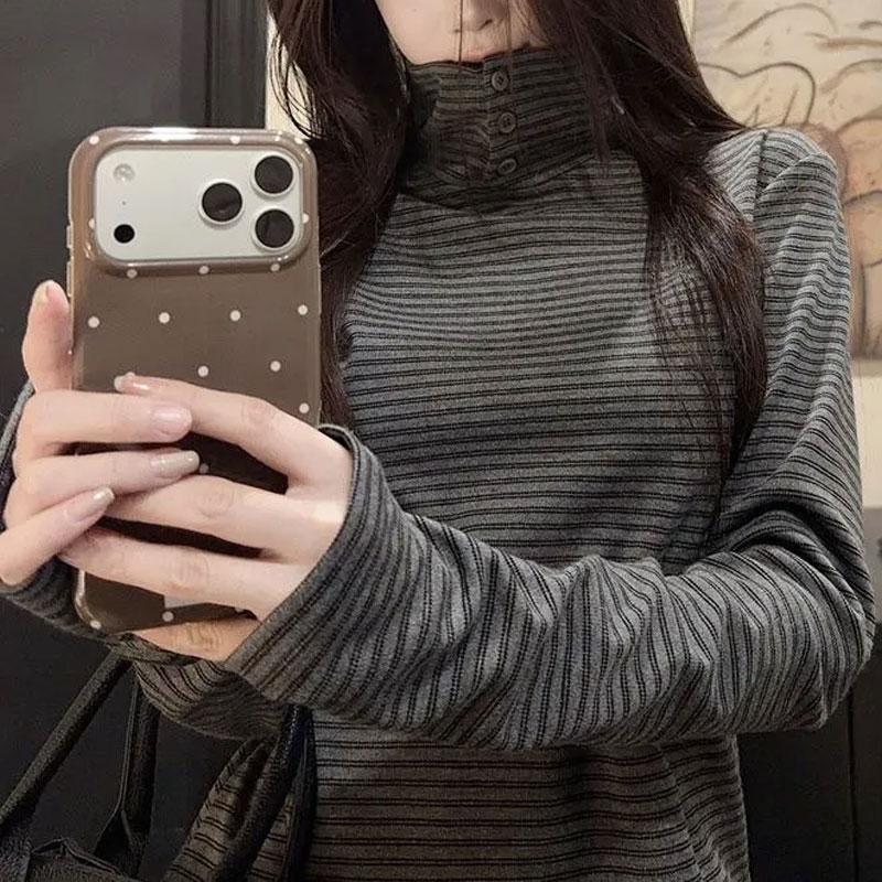 Basic Korean Turn-down Collar T-shirts Autumn Fashion Button Female Clothing Stand Collar Striped Casual Long Sleeve Pullovers
