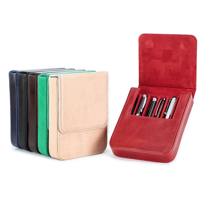 Handmade Genuine Leather 6-Piece Fountain Pen Case with Creative Drawer-Style Design