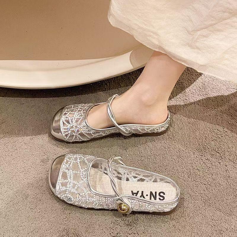 High-end fashion flat sandals women's 2025 new high-value mesh yarn hollow bag head half slippers women's summer outer wear