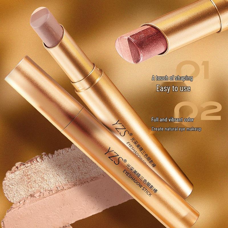YZS Radiant Three-Color Eyeshadow Stick: Pearlescent Glitter Gradient Pencil for Contour & Highlight.