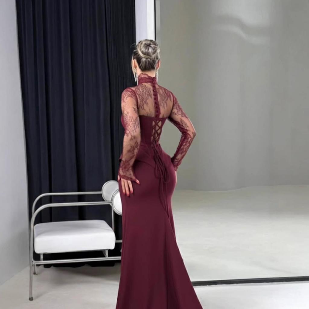 Nuovo Abito Bodycon a Manica Lunga Patchwork di Pizzo con Orlo a Strascico Slim Fit per Donna Abbigliamento per il Tempo Libero