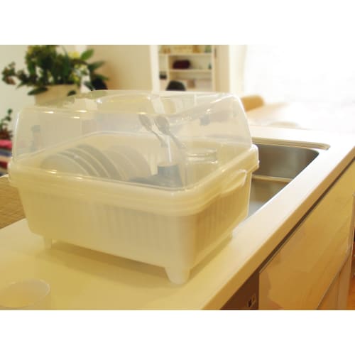 Sanko Plastics Made in Japan Dish Drainer with Dish Stand, Ryu F-1, with Food and Chopstick Holders, Pearl White