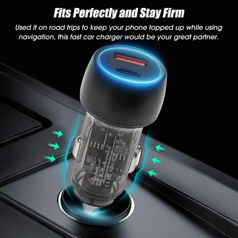 48W Car Charger Vehicle Fast Charging Power Adapter Accessories USB Type-C Super Fast Charging Transparent Black Car Charger