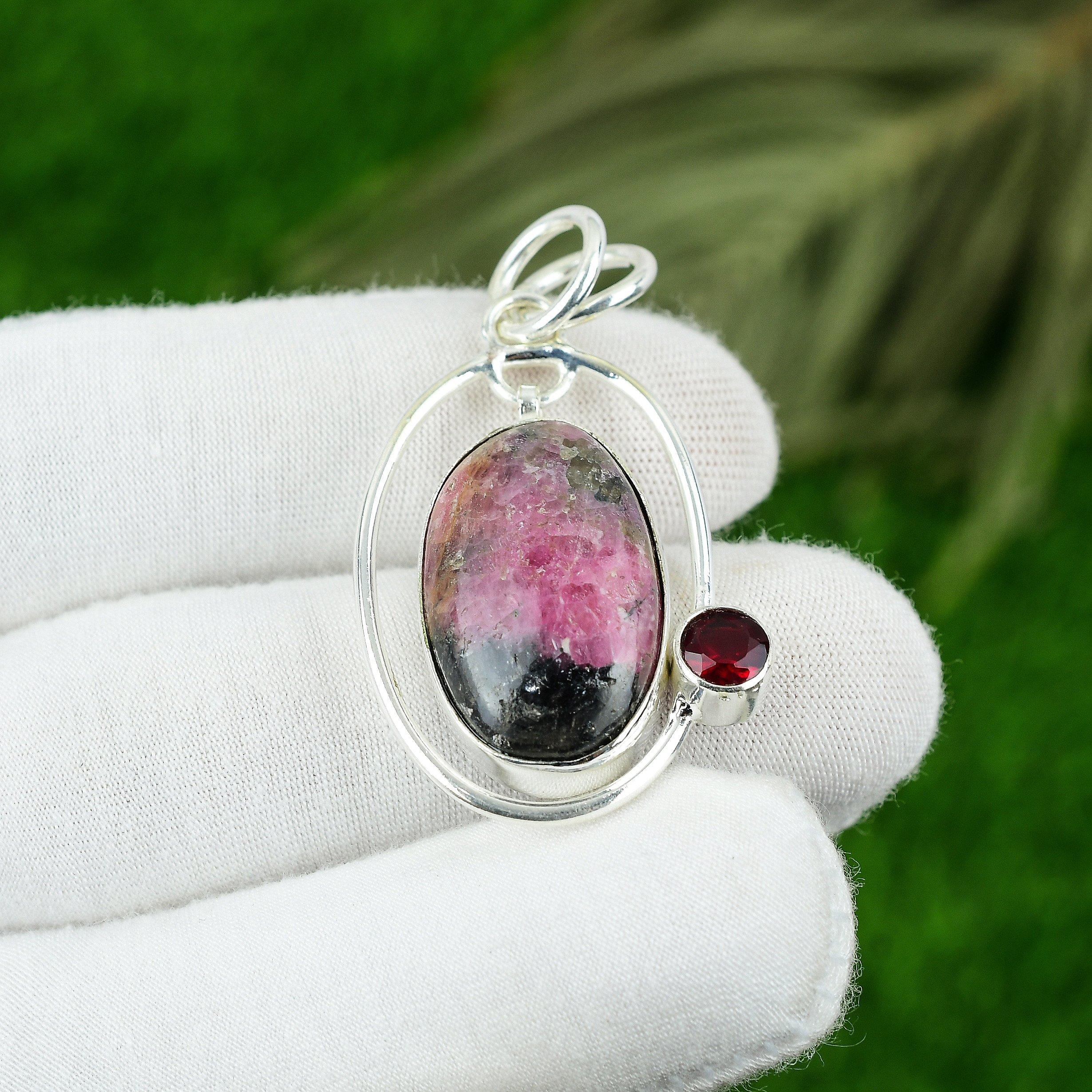 

Mothers day Deal Natural Rhodonite Amethyst Sterling Silver Wife Pendant Jewelry