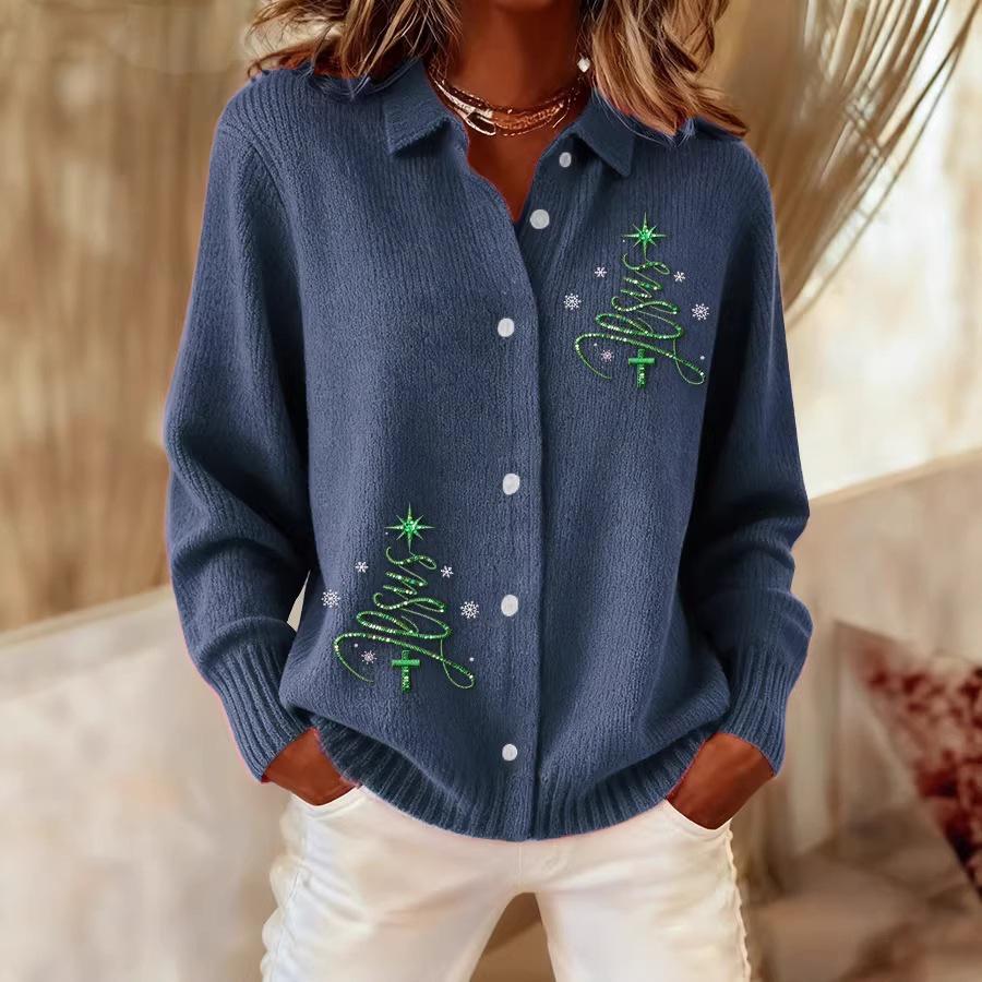 2025 Women's 3D Print Knit Lapel Cardigan - European & American Christmas Top for Autumn/Winter