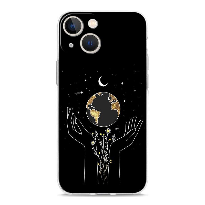 Phone Case For iPhone 15 14 13 12 Mini 11 Pro Max XS X XR 7 8 Plus Clear Shockproof TPU Cover Simplicity Line Art Sun Moon