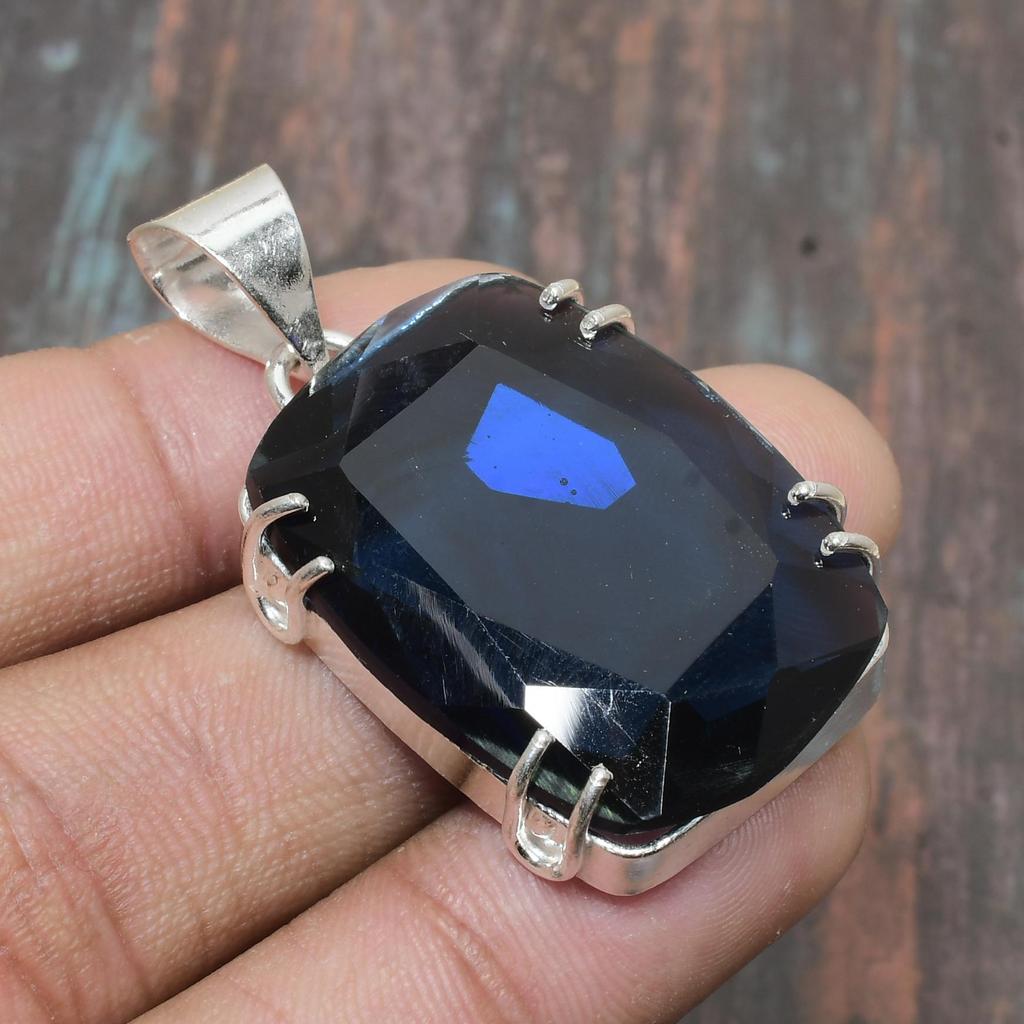London Blue Topaz Gemstone Handmade 925 Sterling Silver Jewelry Pendant For Her