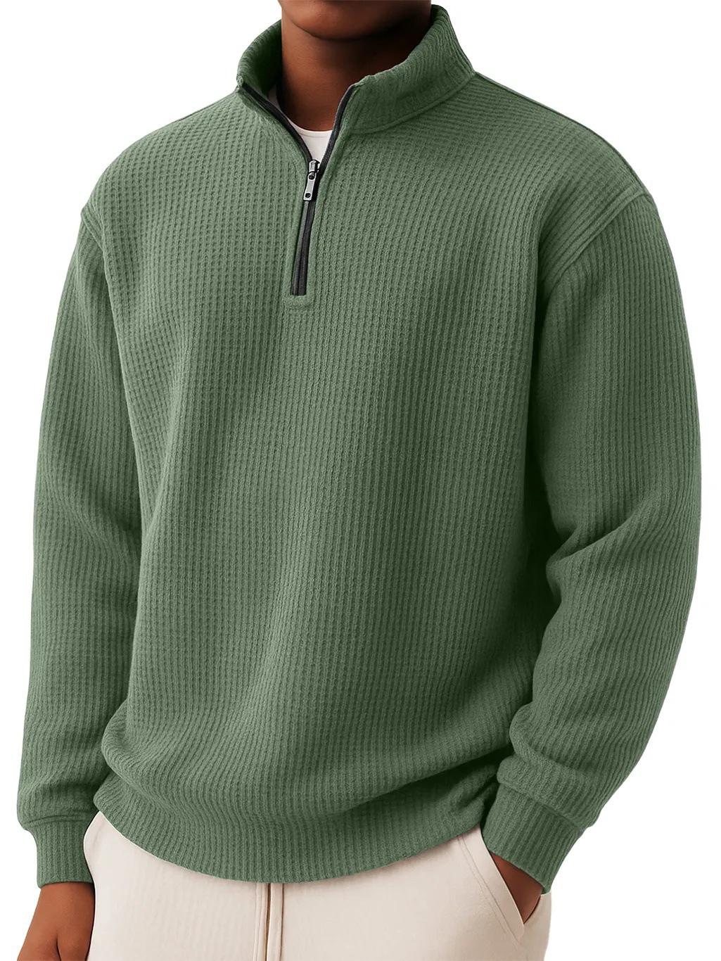 

2025 Men s Casual Waffle Knit Zipper Long Sleeve T-shirt - Autumn/Winter Collection Small зелений