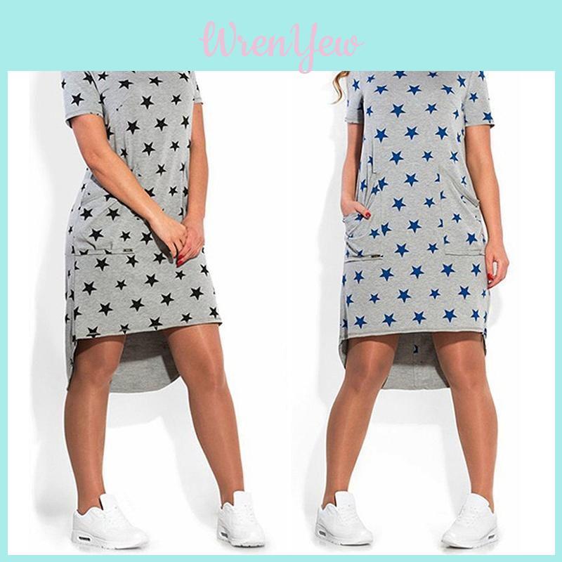 Summer Women Stars Printed Clothing Loose Fit Knee-length Casual Dress In Cotton Blend