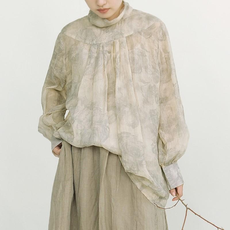 Johnature Tricouri vintage pentru femei, imprimeu de primăvară, tricouri florale de înaltă calitate, cu mânecă lungă, cu gât îndoit, tricouri pentru femei