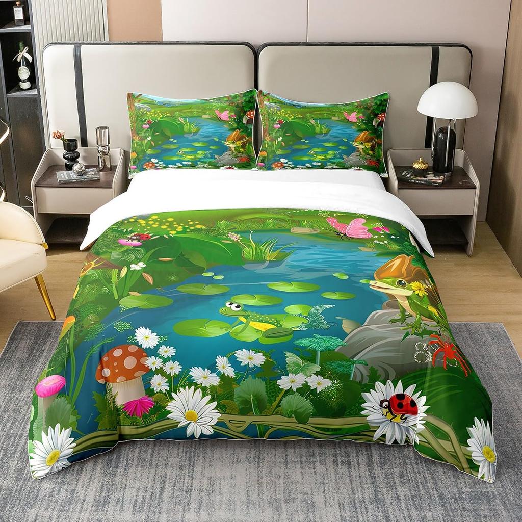 Frog And Lotus Leaf Duvet Cover Sets For Kids Boys Girls Lightweight Quilt Covers Green Animals Themed Bedding Set Bedroom Decor