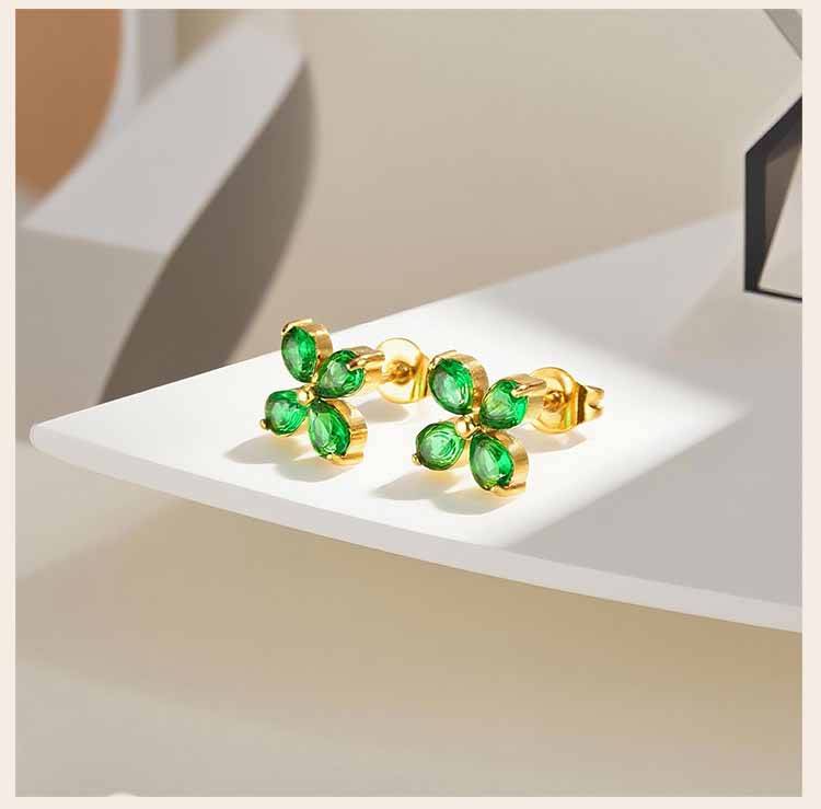 Heart Flower Emerald Green Zircon Stud Earrings Stainless Steel 18K PVD Gold Plated Tarnish Free Tiny Piercing Jewelry