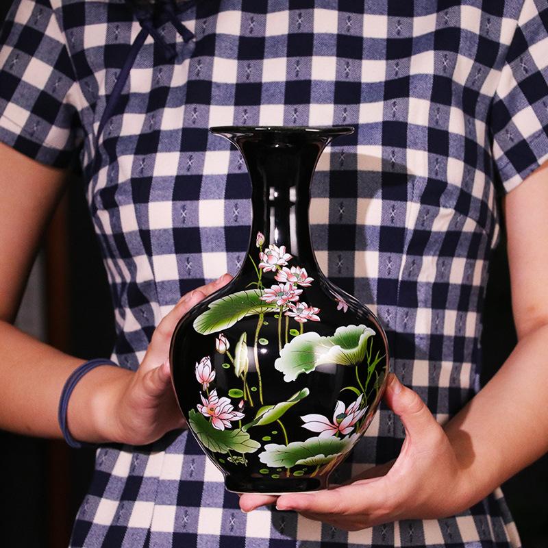 Čínská keramická váza - Porcelánová váza Černý lotos s podstavcem, Retro domácí dekorace, Ručně malovaná květinová váza, Umělecká dekorace dárek