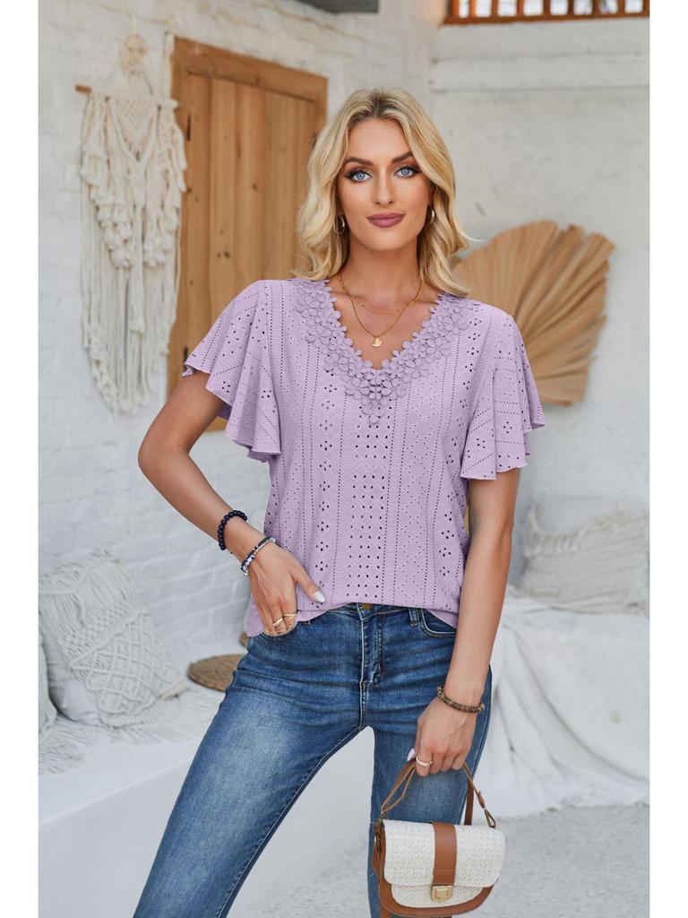 Spring/Summer Women's Lace V-Neck Ruffle Sleeve Loose T-Shirt