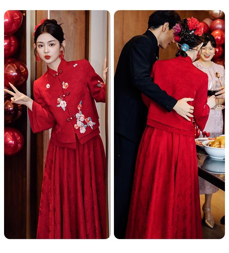 Modern Chinese Wine Red Wedding & Engagement Dress for Women - Bride & Banquet Skirt