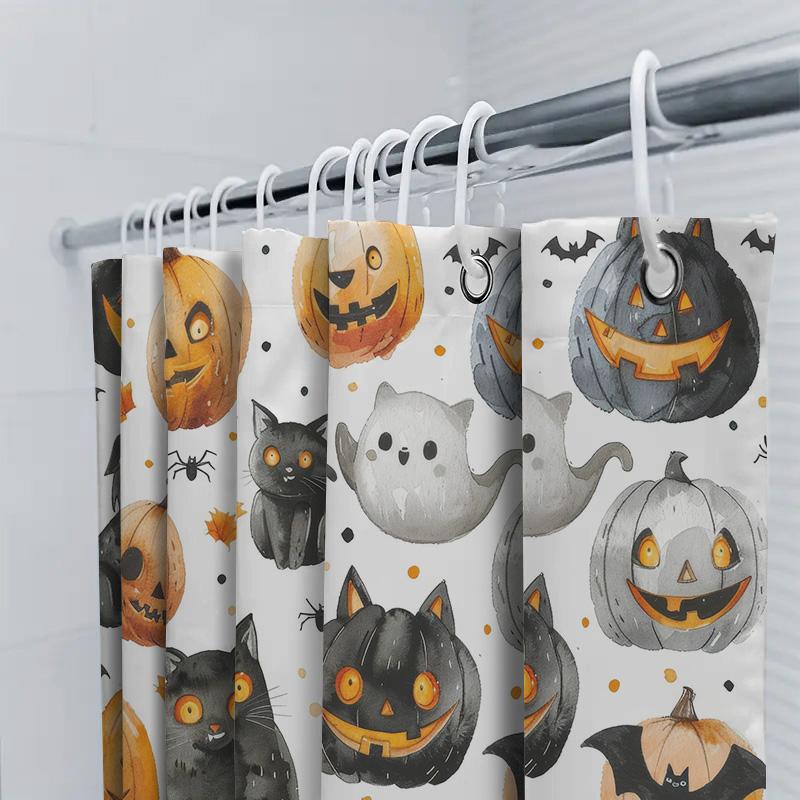 Spooky Halloween Bath Shower Curtain with Pumpkins, Ghosts Cats for Home Decor Black and Orange Color Watercolor Design (Size69x