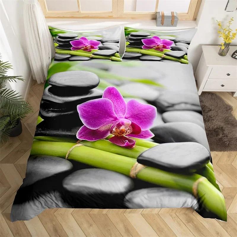 Zen Stones Duvet Cover Bamboo Phalaenopsis Bedding Set Meditation Quilt Cover Microfiber Tranquil Nature Artwork Bedspread Cover