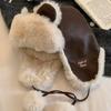 Women's Cute Brown Leather Teddy Bear Ear Hat - Warm, Thick Plush for Cycling, 2025 Autumn/Winter Ear Protection.