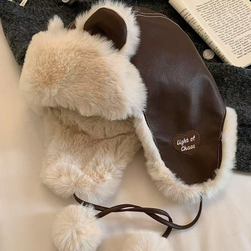 

Women s Cute Brown Leather Teddy Bear Ear Hat - Warm, Thick Plush for Cycling, 2025 Autumn/Winter Ear Protection. Adjustable Head Circumference [56-60] кавовий