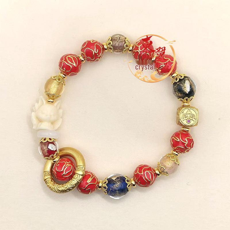 Pink Cloisonné Nine-tailed Fox Bracelet with Gold Leaf and Enamel Beads