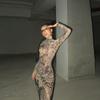 Damen Frühling und Sommer Mode Persönlichkeit Mesh Print Perspektive High-Neck Slim-Fit Kleid