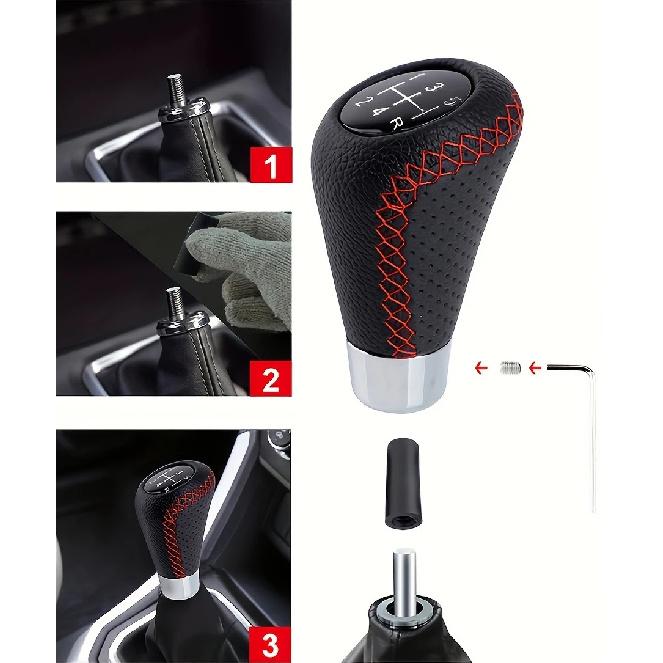 Universal 5 Speed Manual Leather Red Stitch Gear Shift Knob Car Gear Stick Shift Knob Lever Manual Transmission M8 M10 M12