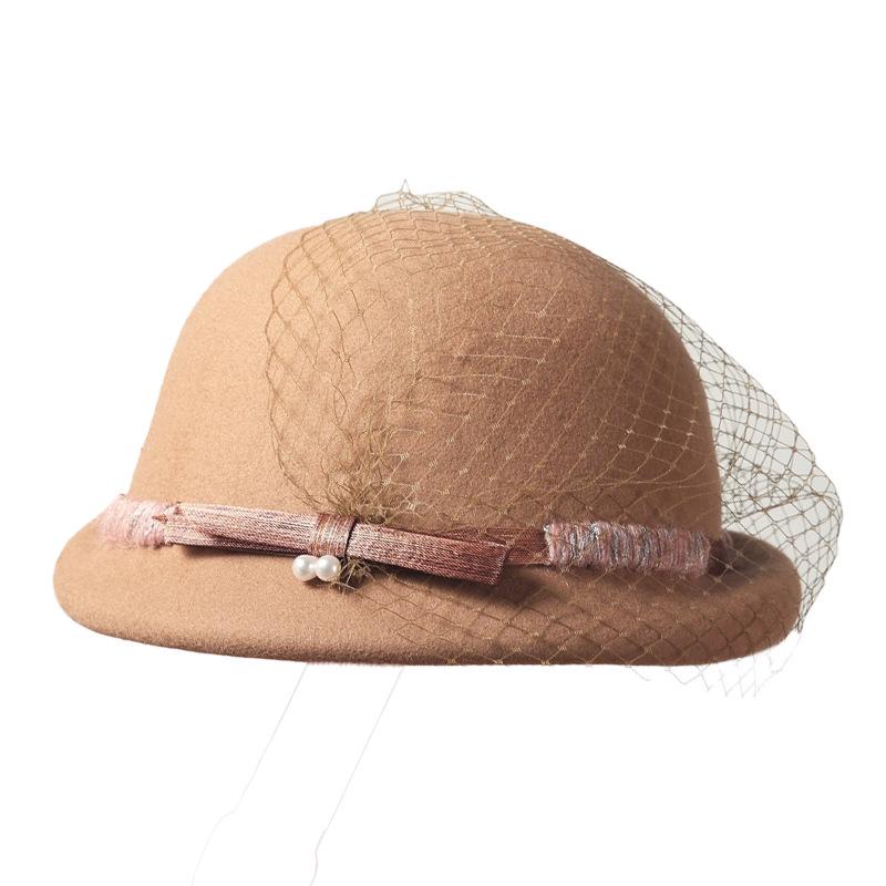 Women's Versatile Retro Elegant Dome Wool Felt Beret with Mesh Decoration - 2024 Autumn/Winter Collection