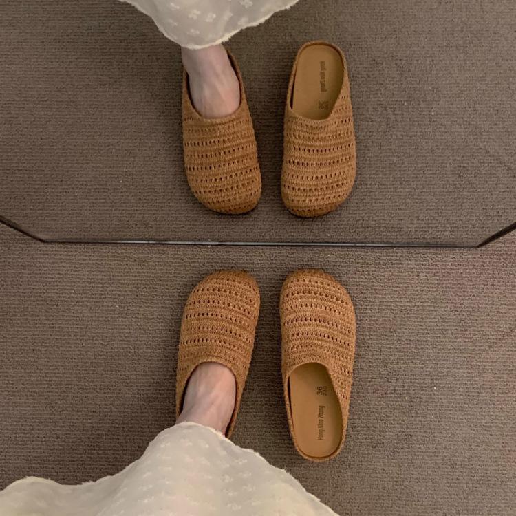 Niche retro woven baotou half slippers outer wear summer new lazy soft-soled muller shoes