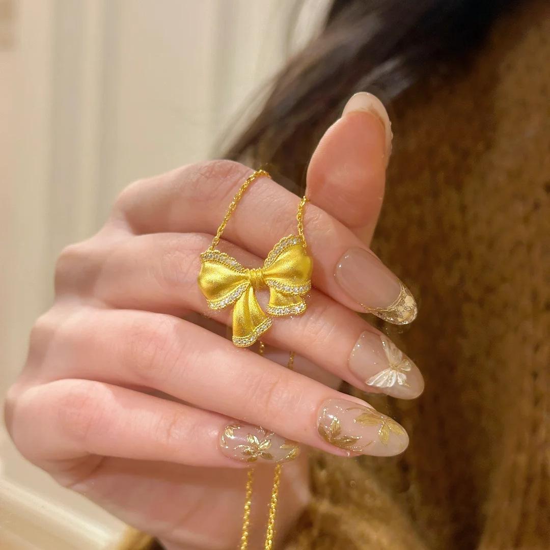 French Retro Princess On The Run Brushed Bow Necklace Pendant Light Luxury Full Of Diamonds Ancient Gold Ribbon Butterfly Stud Earrings