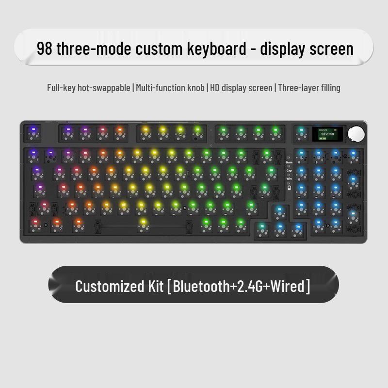 98-Key Wireless Bluetooth/Wired 3-Mode Mechanical Keyboard DIY Kit, RGB Hot-Swappable, Display Screen, Knob